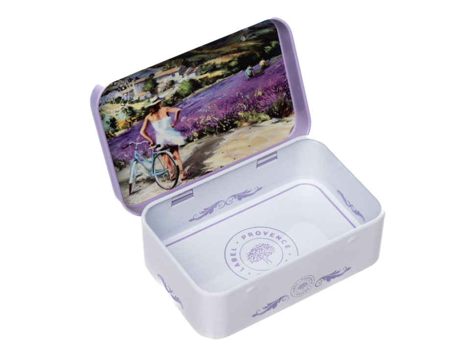Caja Metálica Mujer en Bicicleta Campos de Lavanda para Jabón 125g - Alecobio