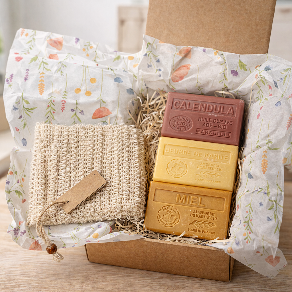 Pack Jabones Naturales Piel Seca – Karité, Miel y Caléndula con Bolsa Exfoliante - Alecobio