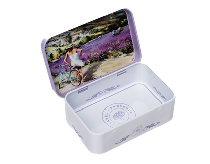 Caja Metálica Mujer en Bicicleta Campos de Lavanda para Jabón 125g - Alecobio