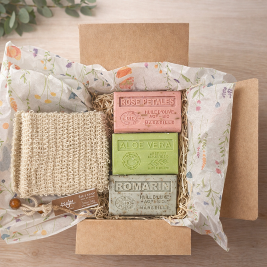 Pack Jabones Naturales Piel Grasa – Aloe, Romero y Rosa con Bolsa Exfoliante - Alecobio