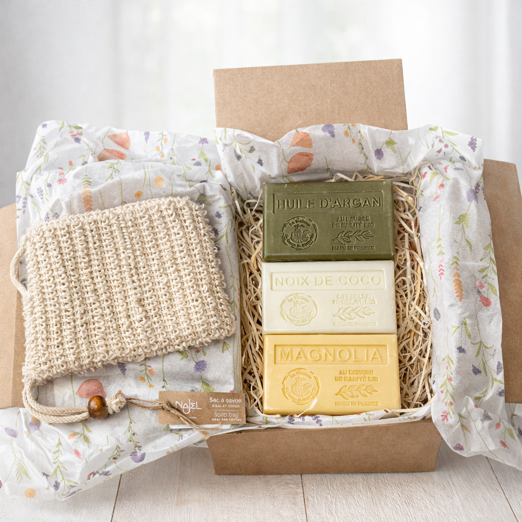 Pack Jabones Naturales Todo Tipo de Piel – Coco, Argán y Magnolia con Bolsa Exfoliante - Alecobio