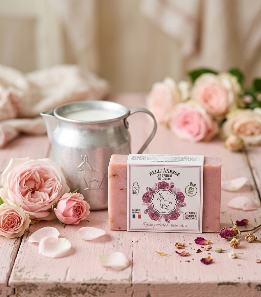 Jabón Facial  Doble cara de Leche de Burra Biológica y Pétalos de Rosas Exfoliante-Hidratante