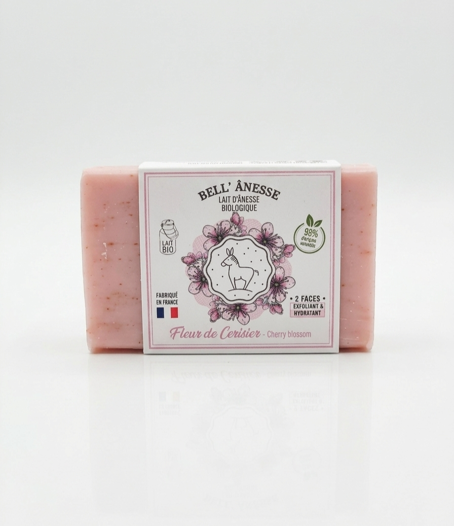 Jabón Facial Doble cara de Leche de Burra Biológica y Flor de Cerezo Exfoliante-Hidratante