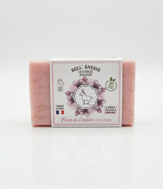 Jabón Facial Doble cara de Leche de Burra Biológica y Flor de Cerezo Exfoliante-Hidratante