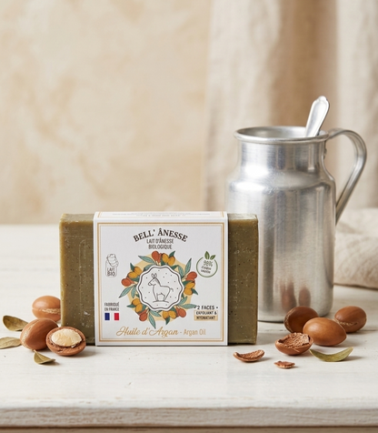 Jabón Facial Doble cara de Leche de Burra Biológica y Aceite de Argán Exfoliante-Hidratante