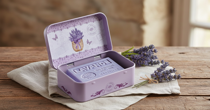 Caja Metálica Cesta de Lavanda y Mariposas Moradas para Jabón 125g - Alecobio