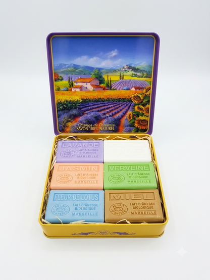 Caja Metálica  Campos de Lavanda con 6 Jabones  60g perfumados de Marsella 60g - Alecobio