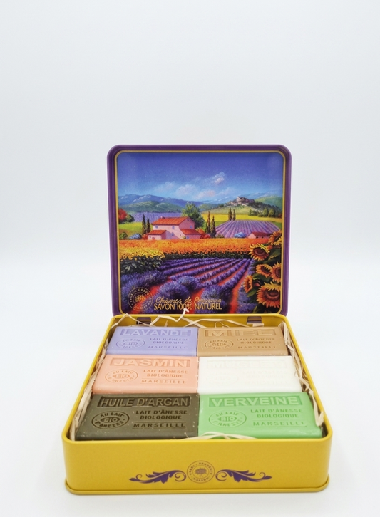 Caja Metálica  Campos de Lavanda con 6 Jabones  60g perfumados de Marsella 60g - Alecobio